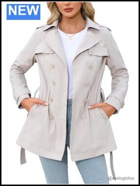 Women's Double Breasted Trench Coat Polyester Rain Jacket